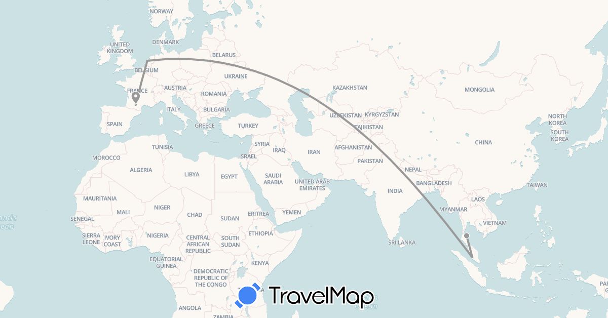 TravelMap itinerary: driving, plane in France, Malaysia, Netherlands, Thailand (Asia, Europe)